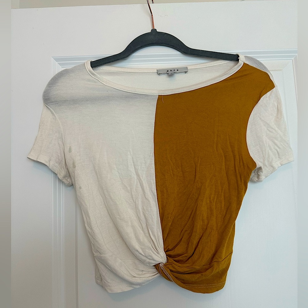 VERY gently worn short sleeved cropped shirt. Mustard color and white